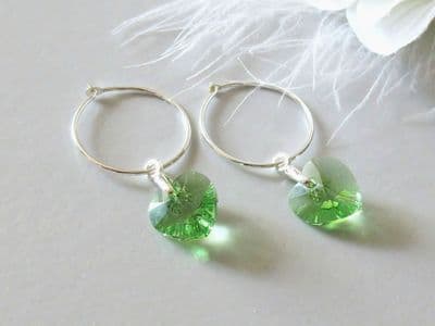 Sparkly Green Crystal Hearts Hoop Earrings With Sterling Silver