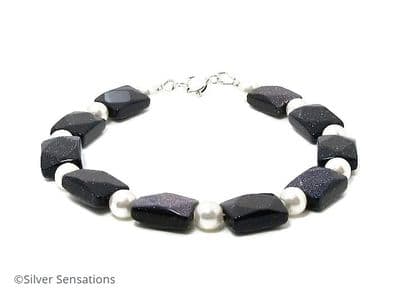 Sparkly Midnight Blue Goldstone & Austrian Made Pearls Sterling Silver Bracelet