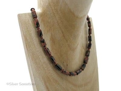 Sparkly Midnight Navy Blue & Tan Brown Goldstone Sandstone Tubes Sterling Silver Necklace