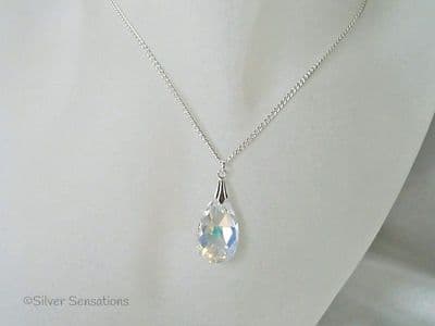 Sparkly Swarovski AB Rainbow Faceted Pear Pendant & Sterling Silver Necklace