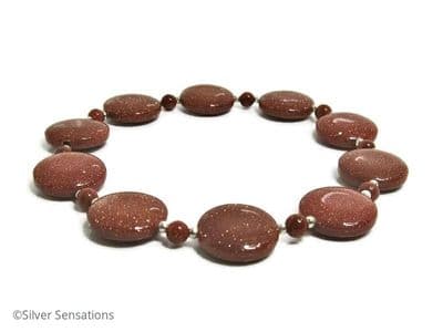 Sparkly Tan Brown Goldstone Coin Beads & Sterling Silver Stretch Bracelet