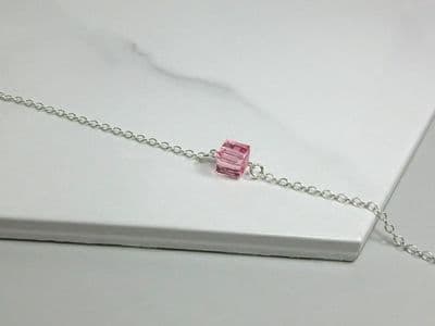 Sterling Silver Chain Bracelet With Pink Faceted Crystal Cube