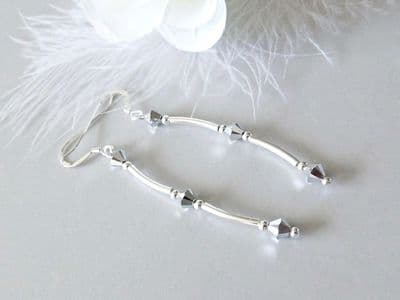 Sterling Silver Curve Tube Earrings With Silver Crystals