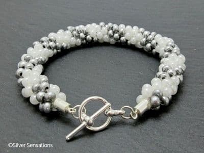 Stripey Pearly White & Pastel Grey Kumihimo Seed Bead Bracelet