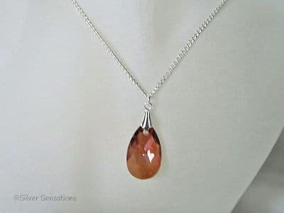 Swarovski Copper Orange Red Faceted Pear Pendant & Sterling Silver Necklace