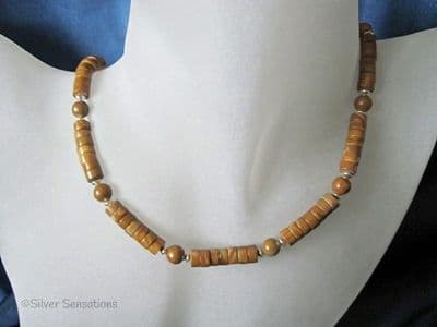 Tan Brown Gold Lace Agate Heishi Beads & Sterling Silver Necklace