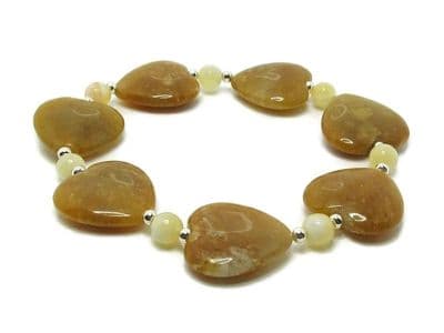 Tan Brown Golden Jade Heart Beads Bracelet With Sterling Silver