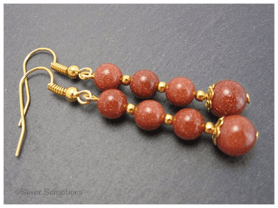 Tan Brown Sandstone & Gold Plated Beaded Drop Fashion Earrings