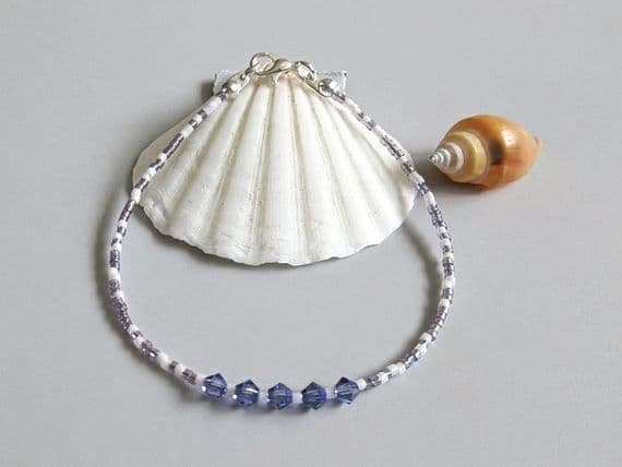 Tanzanite Purple & White Seed Bead Stacking Bracelet With Swarovski Crystals | Silver Sensations