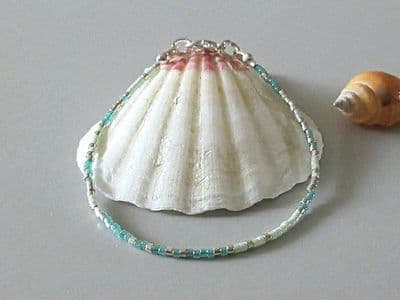 Tiny Green & Silver Seed Bead Friendship Bracelet