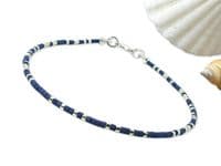 Tiny Navy Blue & Silver Seed Bead Boho Anklet | Silver Sensations