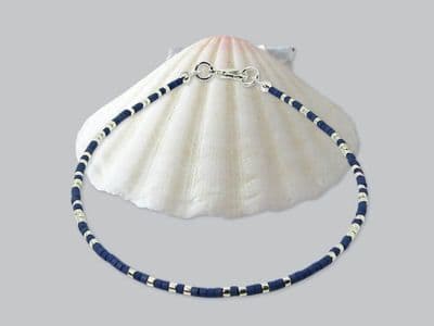 Tiny Navy Blue & Silver Seed Bead Boho Anklet