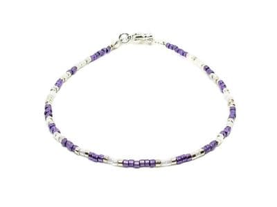 Tiny Purple, White & Silver Seed Bead Friendship Anklet