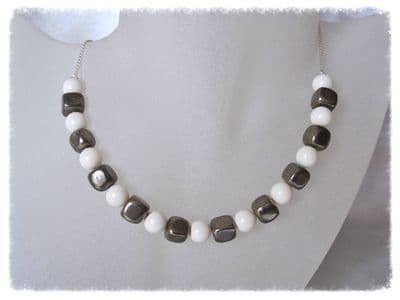 Tumbled Khaki Pyrite Square Cubes, Ivory Swarovski Pearls & Sterling Silver Curb Chain Necklace