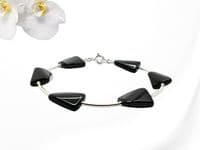 Twisted Black Onyx Oblong Beads Bracelet With Sterling Silver Curved Tubes | Natural Semi Precious Gemstones Bracelet | Silver Sensations