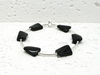 Twisted Black Onyx Oblong Beads Bracelet With Sterling Silver Curved Tubes | Natural Semi Precious Gemstones Bracelet | Silver Sensations