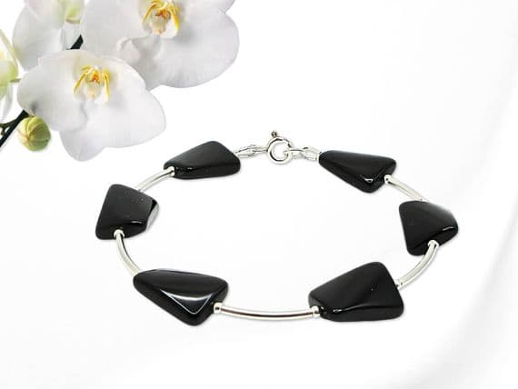 Twisted Black Onyx Oblong Beads Bracelet With Sterling Silver Curved Tubes | Natural Semi Precious Gemstones Bracelet | Silver Sensations