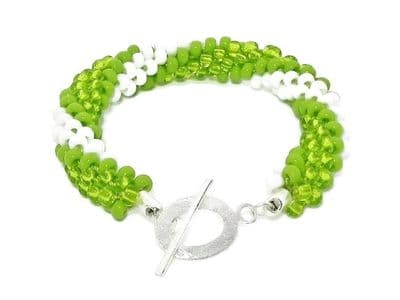 Unique Bright Green & White Long Stripe Kumihimo Fashion Bracelet
