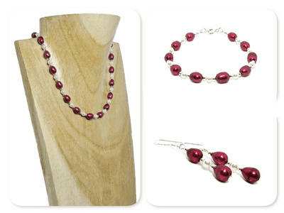 Unique Burgundy Freshwater Pearls Designer Necklace, Bracelet & Earrings Set
