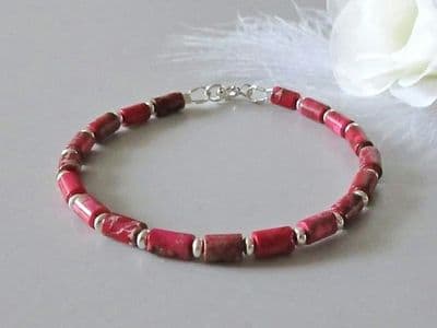 Unique Cerise Pink Impression Jasper Bracelet With Sterling Silver