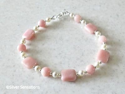 Unique Pink Morganite Oblongs Bracelet With Ivory Swarovski Pearls