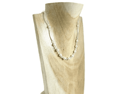 White Austrian Made Pearls, Crystals & Sterling Silver Curve Tubes Bridal Necklace