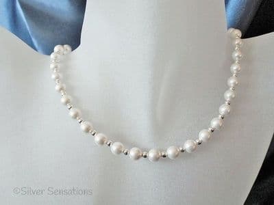 White Austrian Made Pearls & Sterling Silver Beads Bridal Necklace
