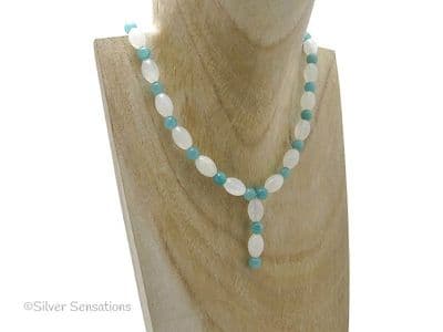 White Bowenite Jade & Green Amazonite Drop Necklace With Sterling Silver