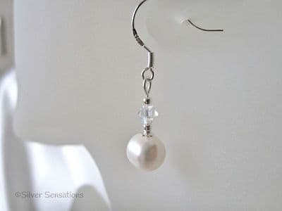White Freshwater Pearls, Sparkly Rainbow Swarovski Crystals & Sterling Silver Short Drop Earrings