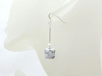 White & Grey Howlite Squares & Sterling Silver Earrings