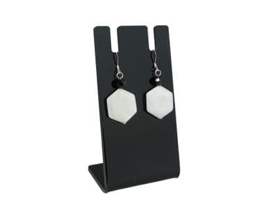 White Hexagonal River Shell & Faceted Black Crystal Sterling Silver Earrings
