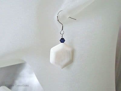 White Hexagonal River Shell & Purple Austrian Crystal Sterling Silver Earrings