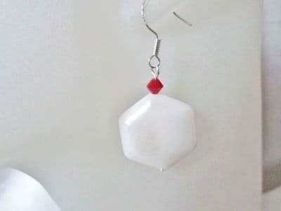 White Hexagonal River Shell & Red Austrian Crystal Sterling Silver Earrings
