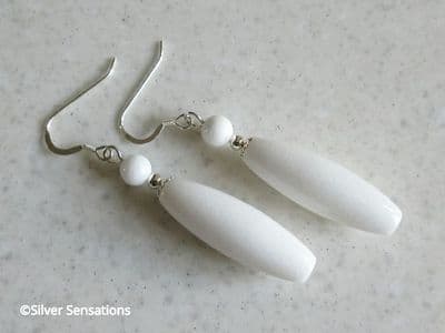 White Jade Long Drop Sterling Silver Earrings