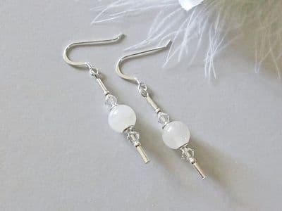 White Jade & Sterling Silver Tube Earrings With Crystals