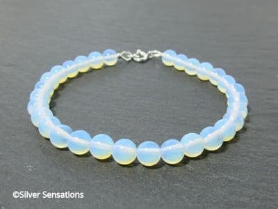White Milky Blue Opalite Moonstone Beaded Sterling Silver Bracelet