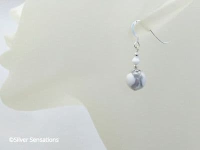 White & Pastel Grey Howlite Beaded Sterling Silver Earrings With Swarovski Crystals