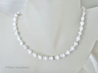 White & Pastel Grey Turquoise (Howlite) Round Bead Necklace