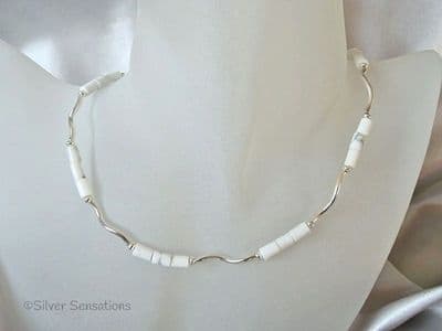 White & Pastel Grey Turquoise Howlite Tubes & Sterling Silver Wave Necklace