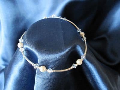 White Pearls, Crystals & Sterling Silver Curves Bracelet