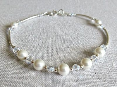 White Pearls & Sparkly Crystals  Bridal Bracelet With Sterling Silver