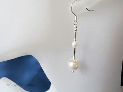 White Premium Made Pearl Duo & Sterling Silver Tubes Wedding Earrings