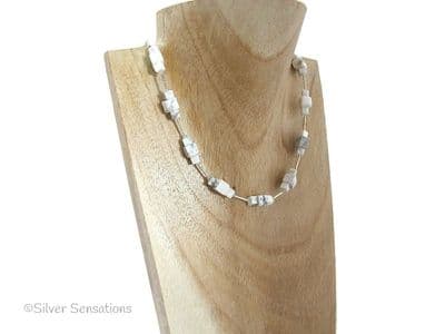 White Turquoise Howlite Square Cube Blocks & Sterling Silver Tubes Necklace