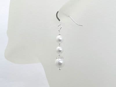 White Wedding Earrings With Austrian Made Pearls & Sterling Silver