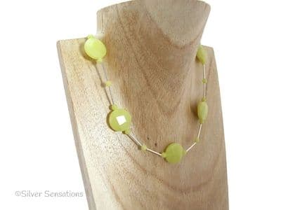 Yellow Olive Jade Faceted Coins & Sterling Silver Tubes Necklace