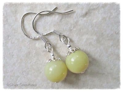 Yellow Olive Jade Round Sterling Silver Drop Earrings