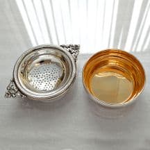 Silver Tea Strainer with double Handle and Bowl with Gold plated inside