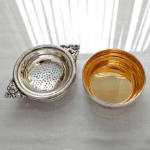 Silver Tea Strainer with double Handle and Bowl with Gold plated inside