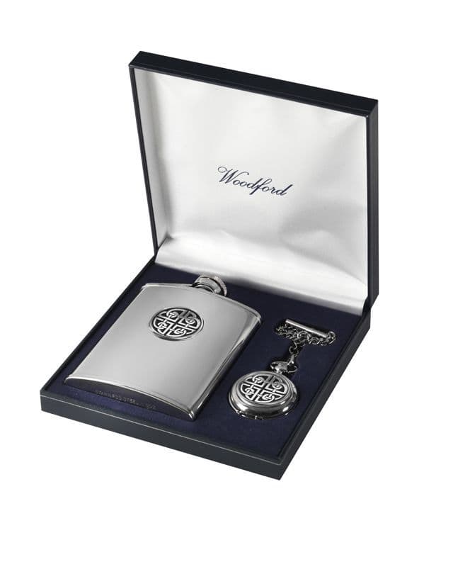 Hip Flask Set | Celtic Design Hip Flask | Celtic Knot Pocket watch |London Silver Company | Quartz Pocket Watch