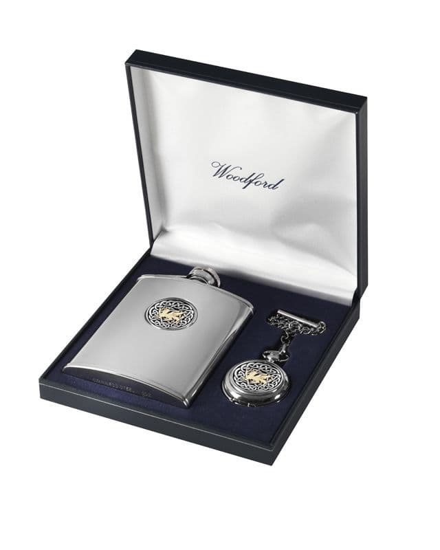 Welsh Dragon Hip Flask | Hip Flask Set | London Silver Company | Quartz Pocket Watch